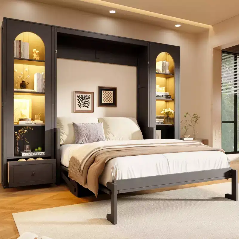 Queen Size Murphy Bed Wall Bed with Side Cabinets and LED Light, Cabinet Bed Folding Wall Bed with Storage Shelves and Drawers for Guest Room, Gray