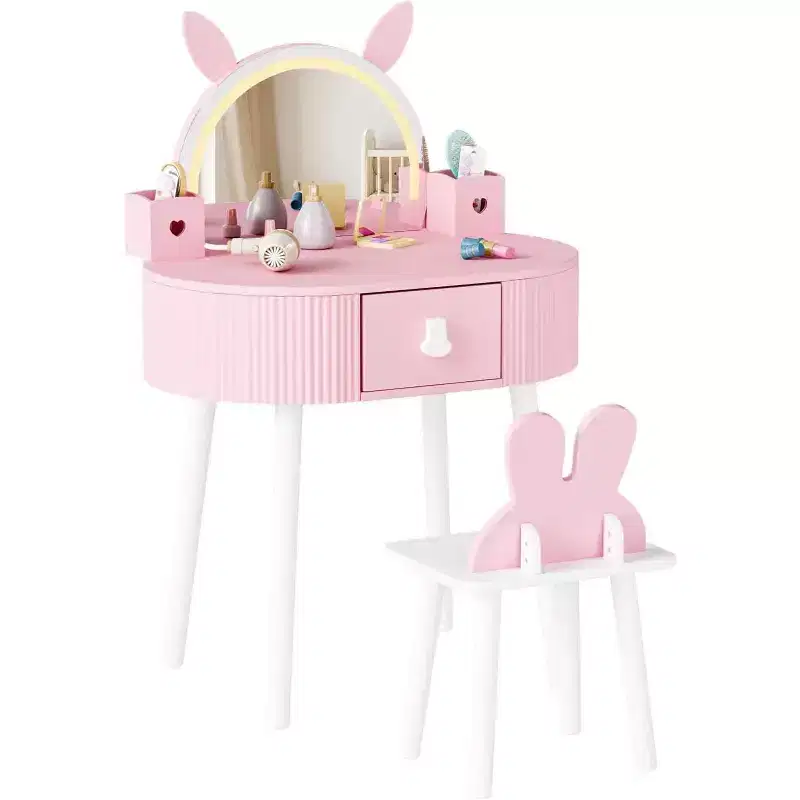 JOYMOR Kids Vanity with Touch Screen & Lights, 3-Color Adjustable Mirror, Vanity Set with Table & Chair, Drawer (Pink)