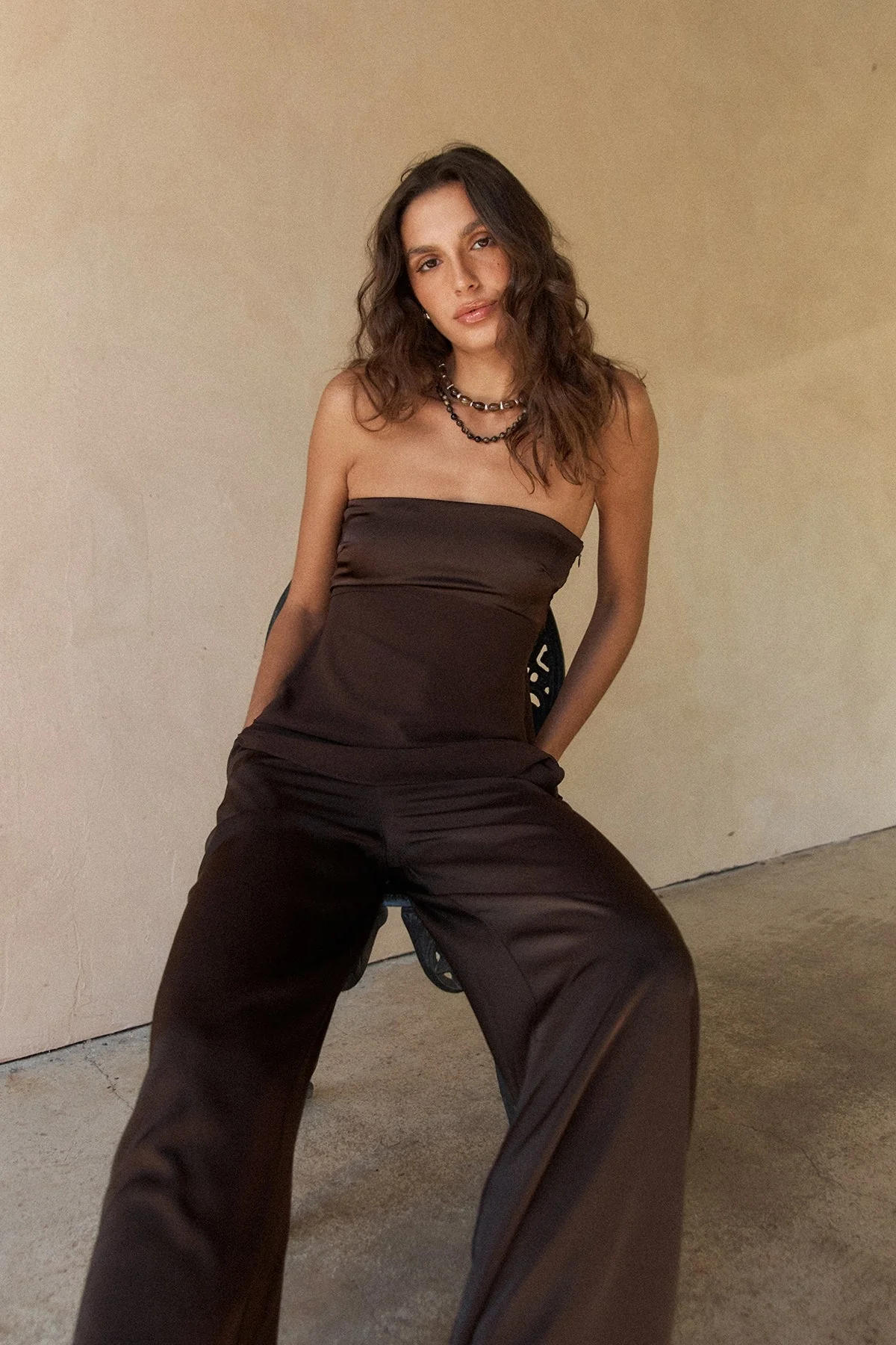 Satin Mid Rise Tailored Pants Brown