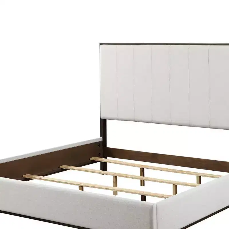 80.25" Eastern King Bed Carena Bed Light Gray Fabric White Brown Finish - Acme Furniture: Contemporary Upholstered Wood Frame
