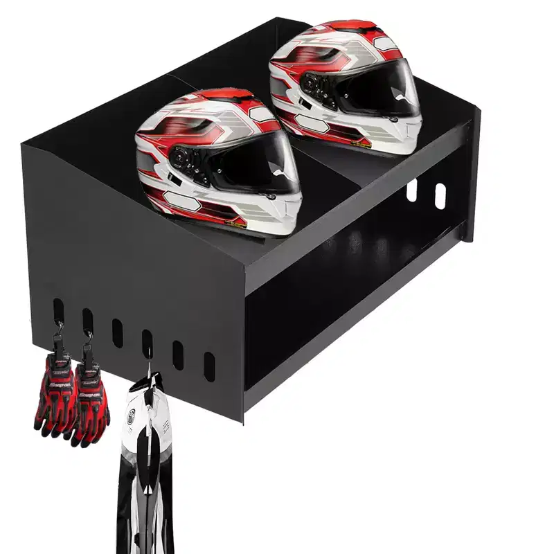 Wall-Mounted Helmet Rack, Aluminum Double Helmet Holder with Hooks for Hanging Clothes, Helmet Stand Storage Cabinet Organizer for Garage Shop Use