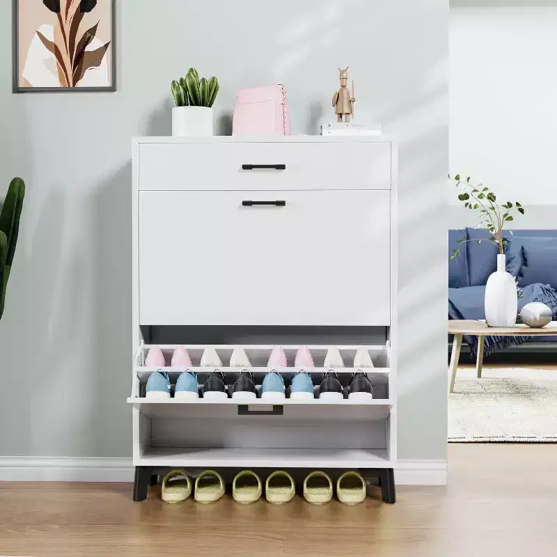 Freestanding Shoe Storage Cabinet with 2 Flip Drawers, 2-Tier Interior & Bottom Metal Rack, Holds 12 Pairs – 32