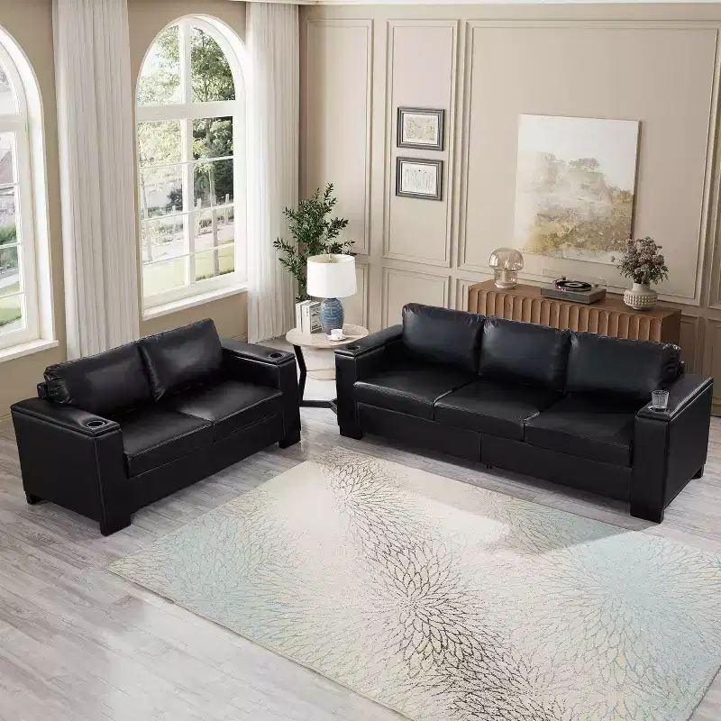 MAYEERTY Two Pieces 2+3 Seater Sectional Sofa with Cup Holder Square Arm Upholstered Faux Leather for Living Room Black