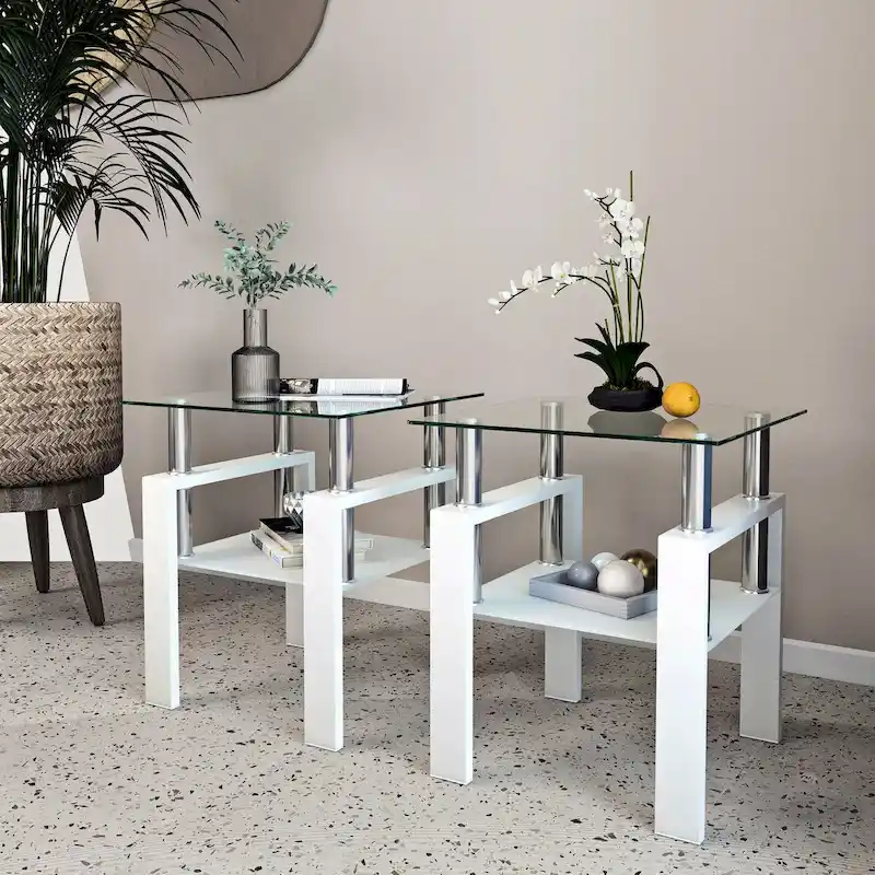 Set of 2, Modern Tempered Glass Tea Table Coffee Table End Table, Square Table for Living Room, Black