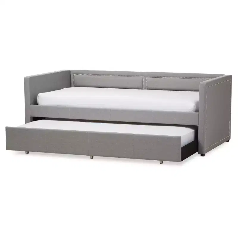 Twin Modern and Contemporary Fabric Nailhead Trimmed Sofa Daybed with Roll Out Trundle Guest Bed Gray: Rubberwood Frame