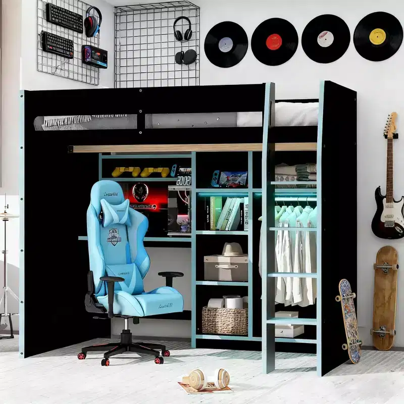 Luxystar Gaming Loft Bed with Desk, RGB Lights & Storage, Full Size Space-Saving Bed for Teens and Adults