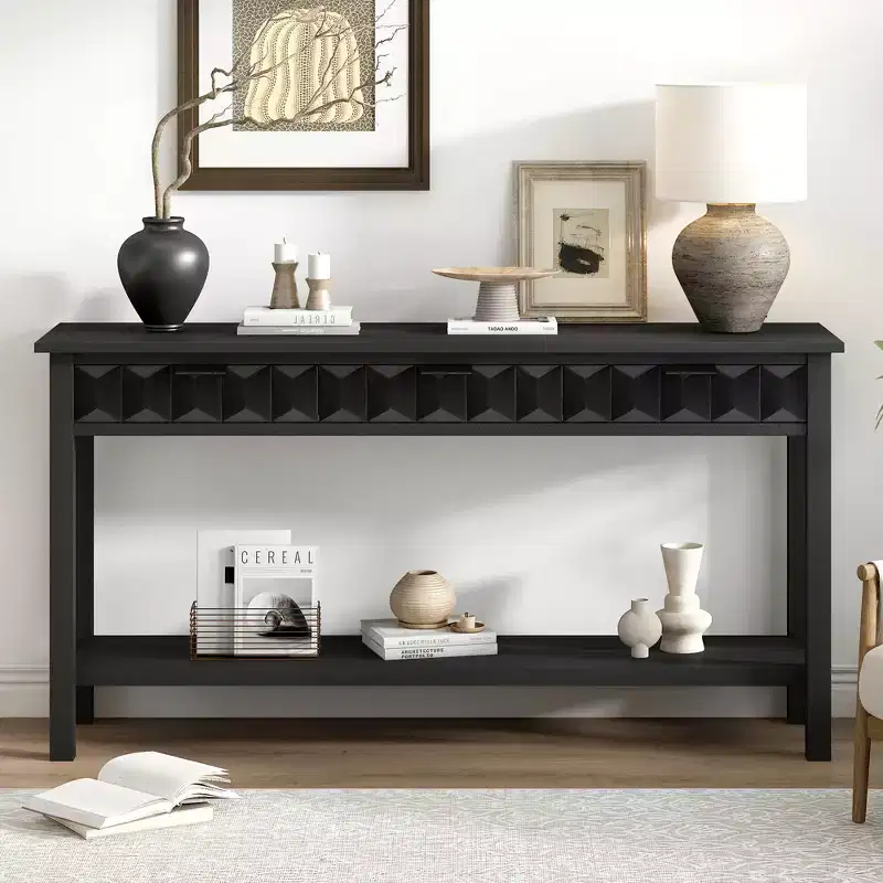 Clihome 60 Fir Veneer Entryway Table with Honeycomb-patterned Fronts,Modern Stylish Console Table with 3 Drawers and Solid Fir legs