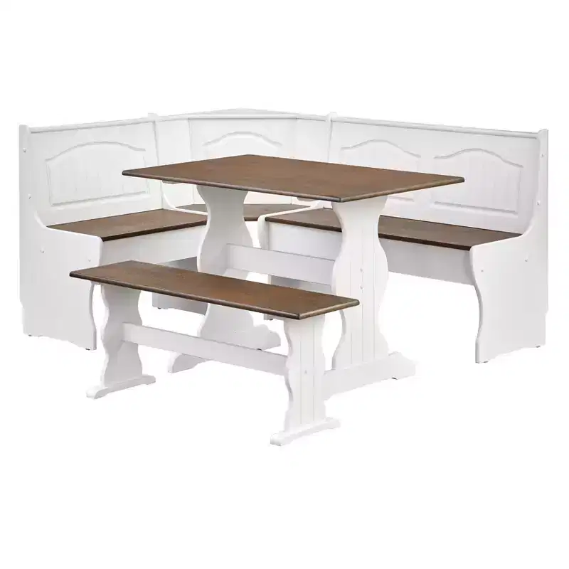 Buylateral 3pc Washington Farmhouse Solid Wood Breakfast Nook Dining Set White/Dark Walnut: L-Shaped, Solid Pine, Storage Bench