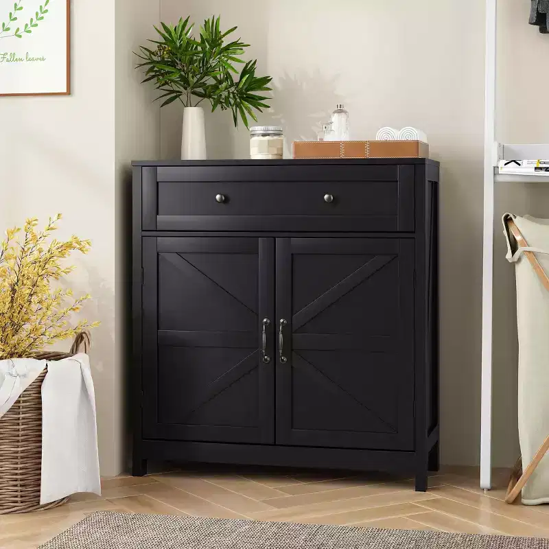 Kitchen Sideboard Buffet Cabinet with Drawer Adjustable Shelf Barn Door Accent Cabinet for Living Room Black