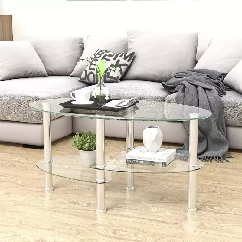 Oval Glass Coffee Table, Modern Cocktail Center Accent Table, Transparent/Black Top