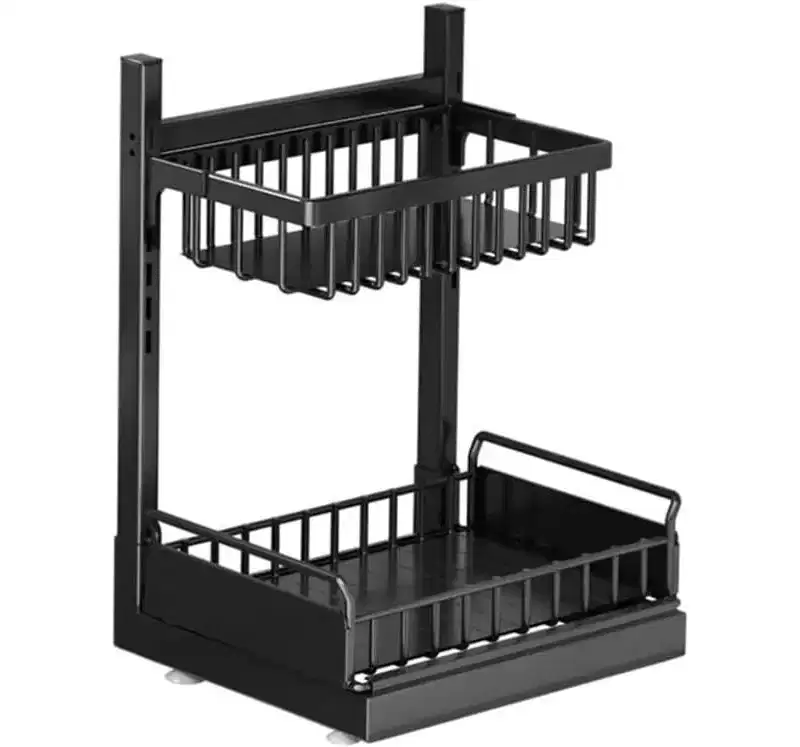 Under Sink Organizer with Pull Out Drawers, 2-Tier L-Shaped Adjustable Kitchen Cabinet Storage, Metal Shelf for Bathroom