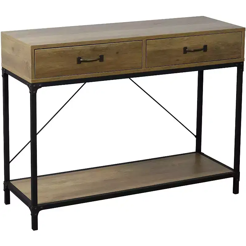 Rustic Console Table with 2 Drawers and Storage Shelf for Living Room, Home, Black Base