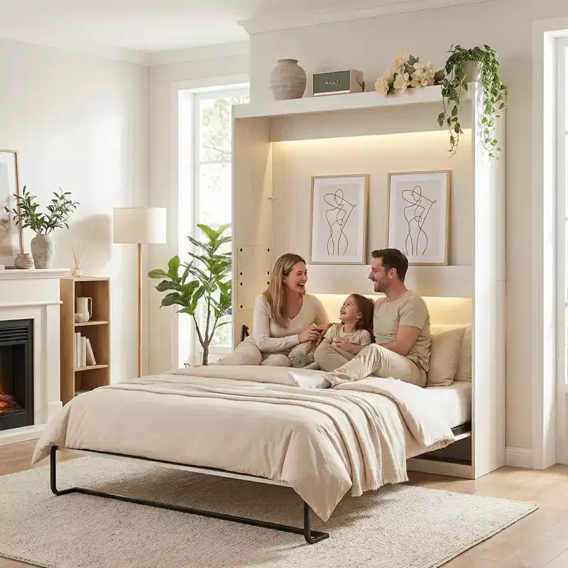 Murphy Bed with RGB LED Lights, Space-Saving Wall Bed, No Mattress Included