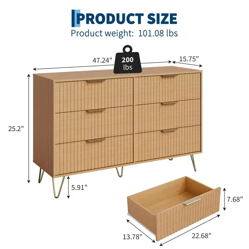 Fluted Dresser for Bedroom with 6/8 Drawers,47/55Wide Modern Chest of Wooden Bedroom Chest with Metal Handle,Clothes Storage Organizer,Closet Dresser