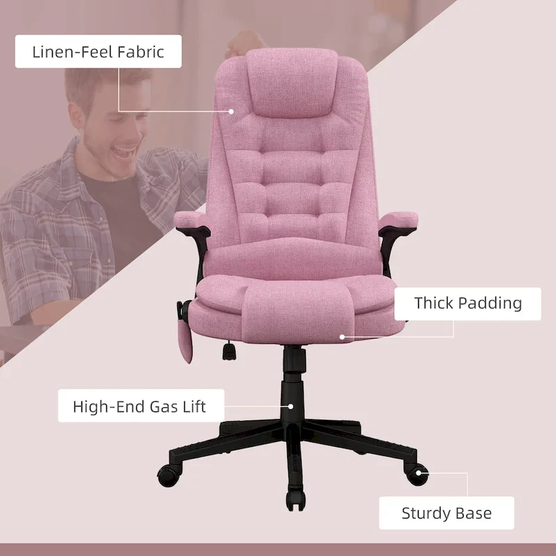 HOMCOM 6 Point Vibrating Massage Office Chair with Heat, Linen High Back Executive Office Chair with Reclining Backrest