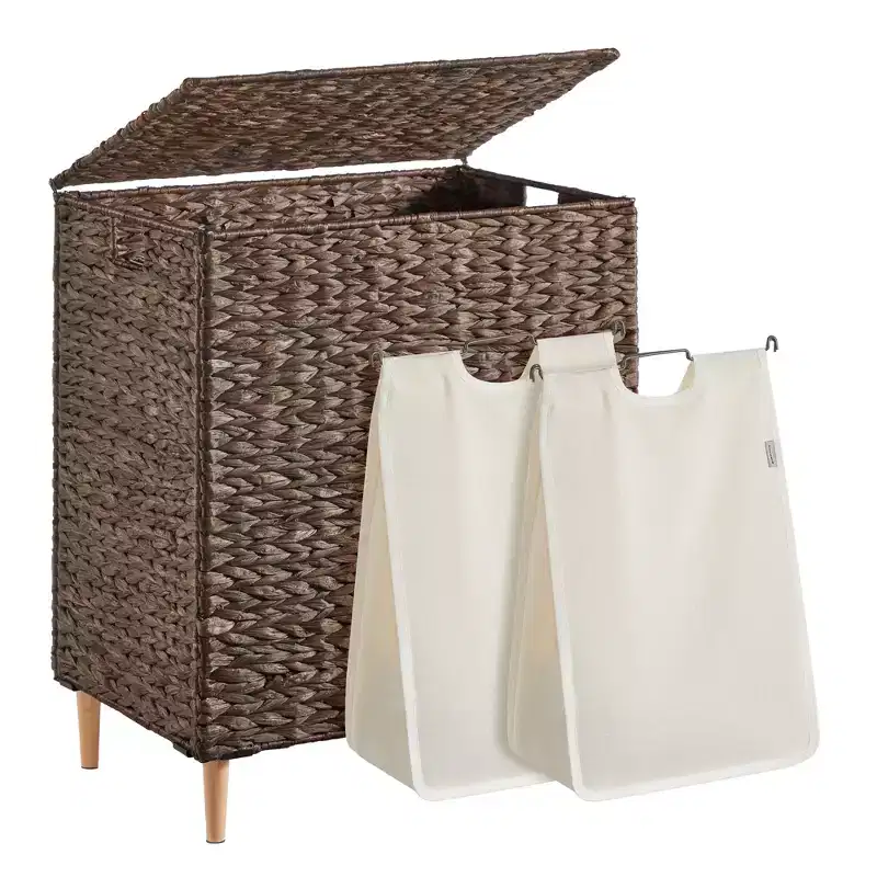 SONGMICS Laundry Hamper 2 Sections, 34.3 Gal. (130 L) Handwoven Water Hyacinth Wicker, with Lid, Removable Washable Liners, Handles