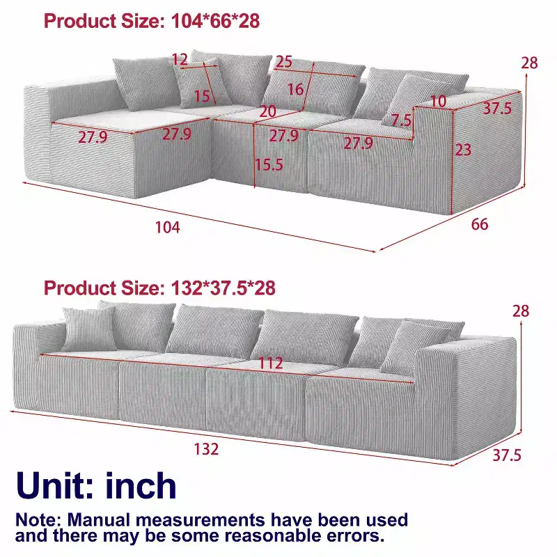 104-Inch Corduroy Modular L-Shaped Sectional Sofa, Luxury Floor Couch Set, Upholstered Indoor Furniture