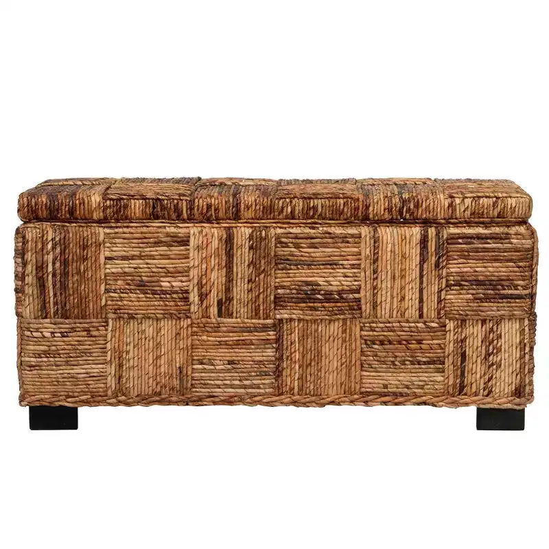 Abaca Double Bench with Storage, Handwoven, Flip-Top Lid, Coastal Design, Brown