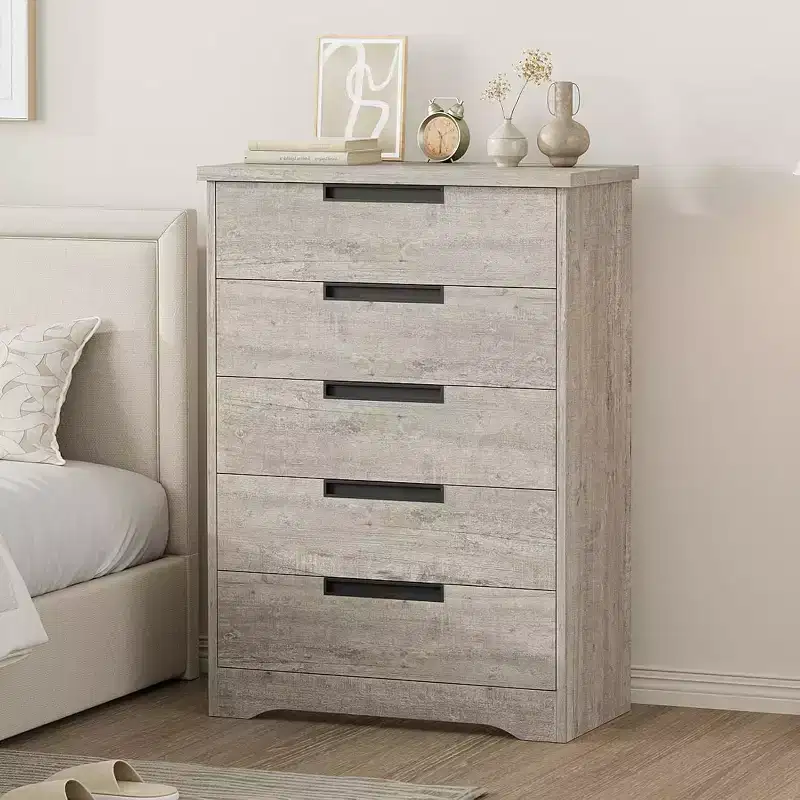 Modern 5-Drawer Dresser in Gray - Recessed Handles, Spacious Storage for Bedroom Nursery Entryway