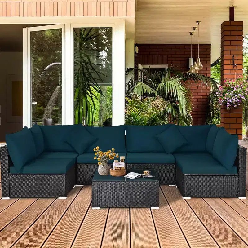 Costway 7PCS Patio Rattan Sofa Set Sectional Conversation Furniture Set Garden Beige/Navy/Gray