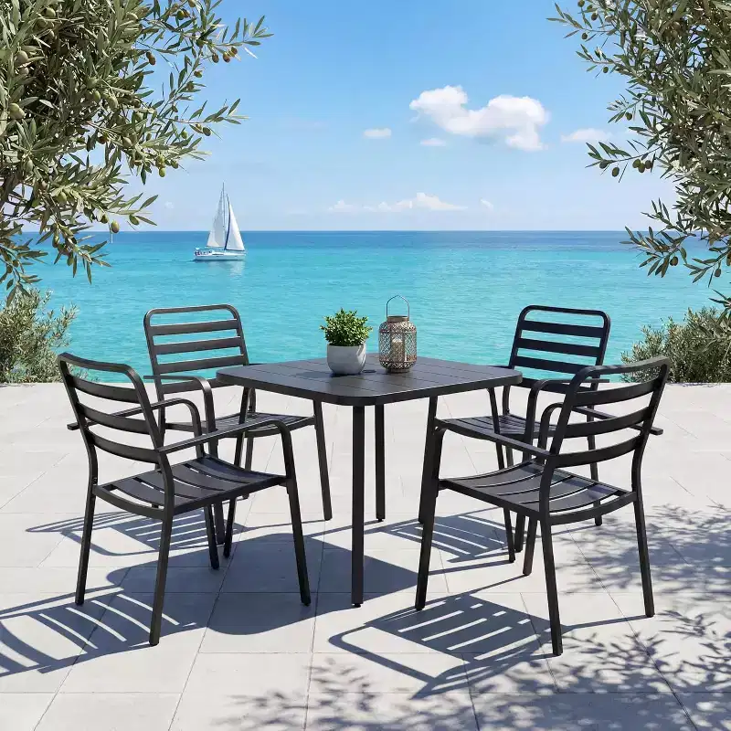 LAUSAINT HOME 5 Pieces Outdoor Dining Sets for 4, 35'' Black Metal Square Table with 1.5'' Umbrella Hole and 4 Stackable