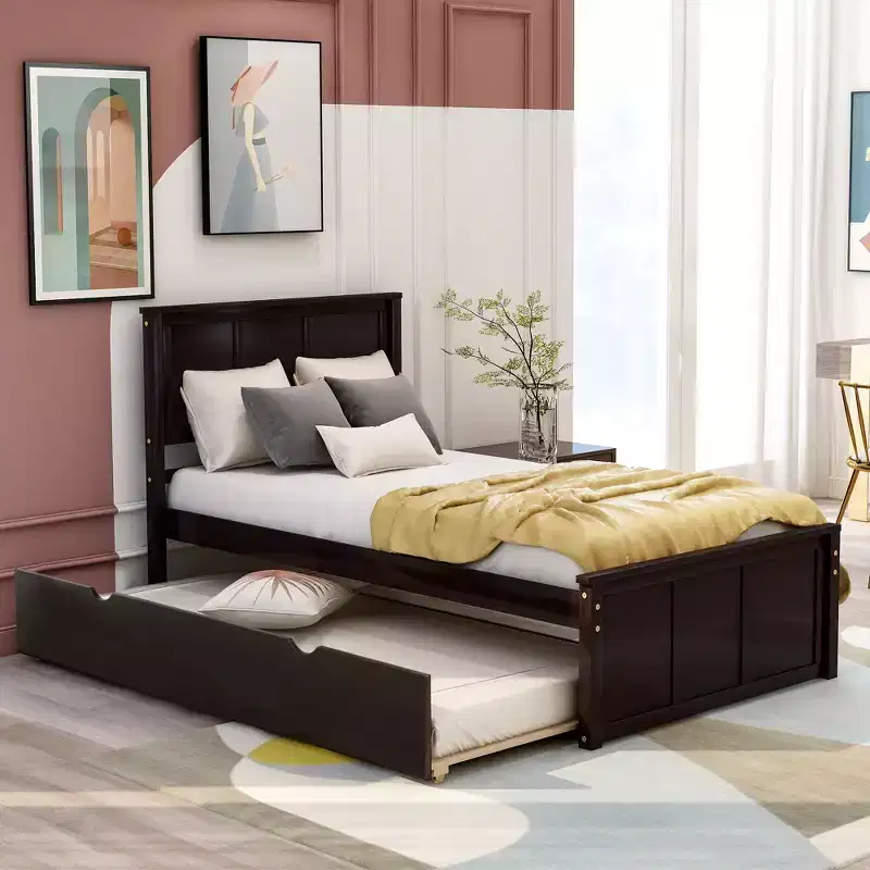 FAMYYT Twin Size Platform Bed With Space-saving Trundle, Easy Assembly, Espresso