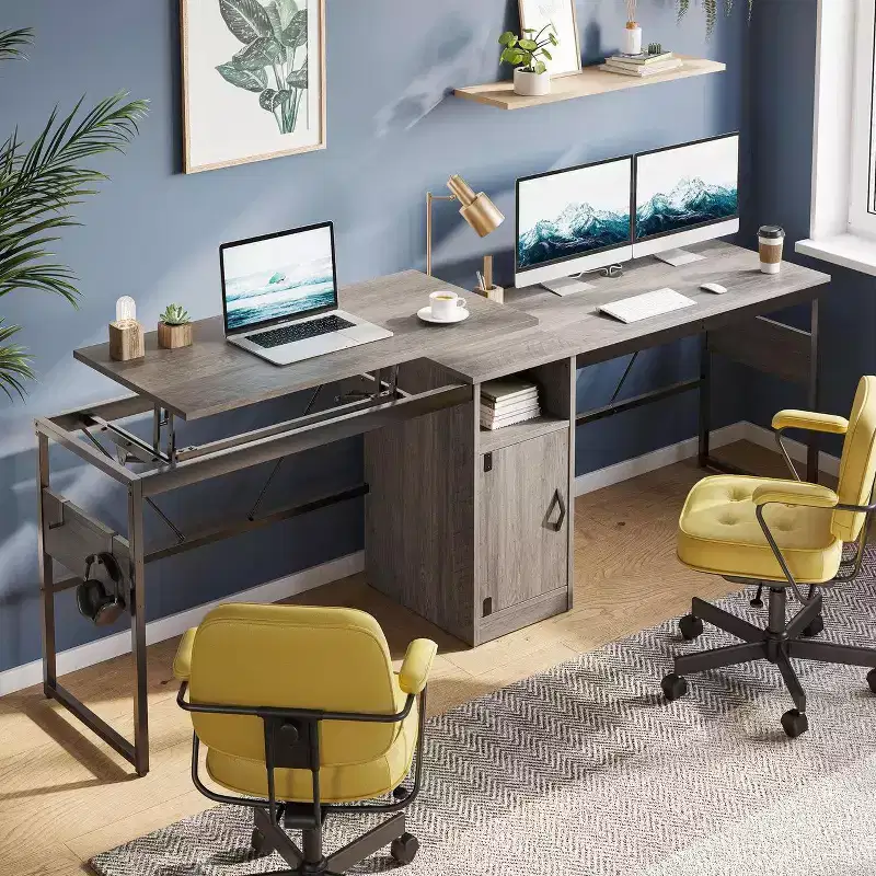 60'' L-Shaped Height Adjustable Standing Desk (30-39H), Sit to Stand Home Office Desk with Storage Cabinet & Hooks