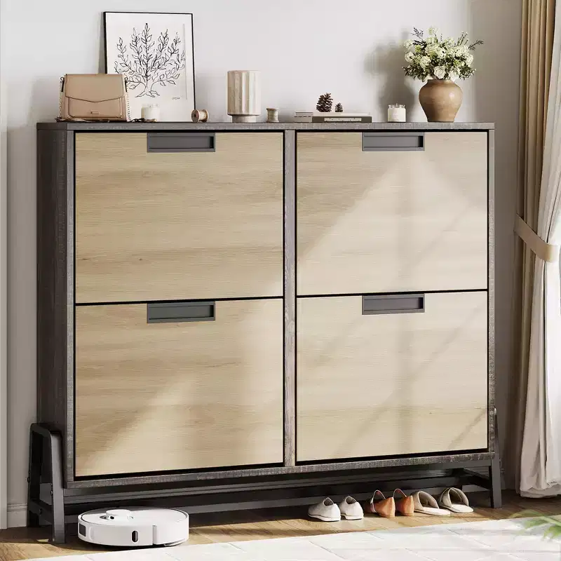 Narrow Shoe Cabinet for Entryway with 4 Flip Drawers and 3-Tier Adjustable Shelves