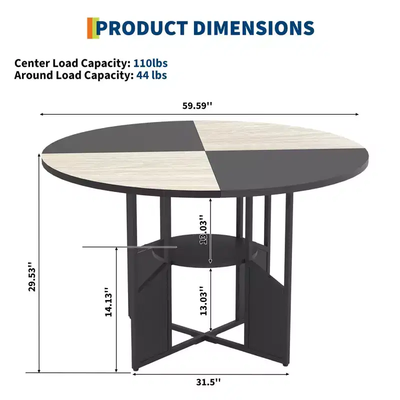 59-inch round wooden dining table for 4-6 people, featuring a base and adjustable legs. Space-saving, farmhouse style, suitable for the living room
