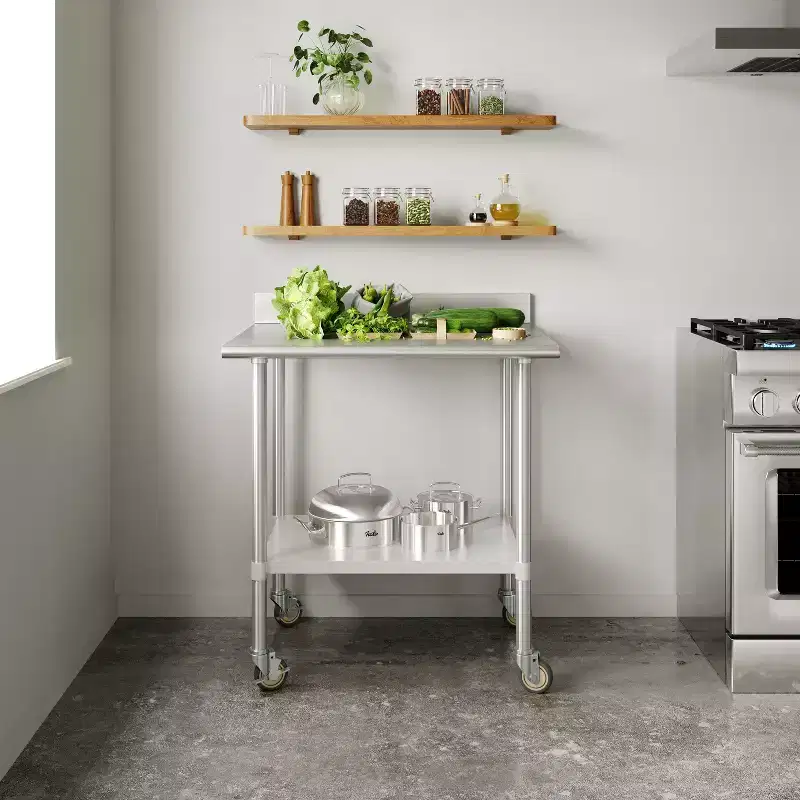 Flash Furniture Reese 30 x 36 Prep and Work Table with Stainless Steel Top Shelf, 4 Backsplash, Adjustable Galvanized Steel Undershelf, 4 Casters