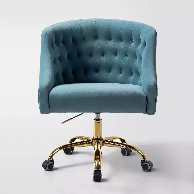 Modern Velvet Height-Adjustable Swivel Task Office Chair with Button-Tufted Back and Gold Base