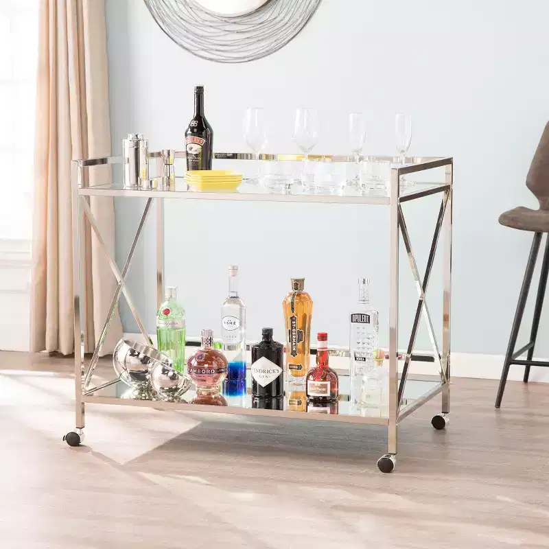 Iron Bar Cart with Mirrored Glass Shelves - Silver/Charcoal