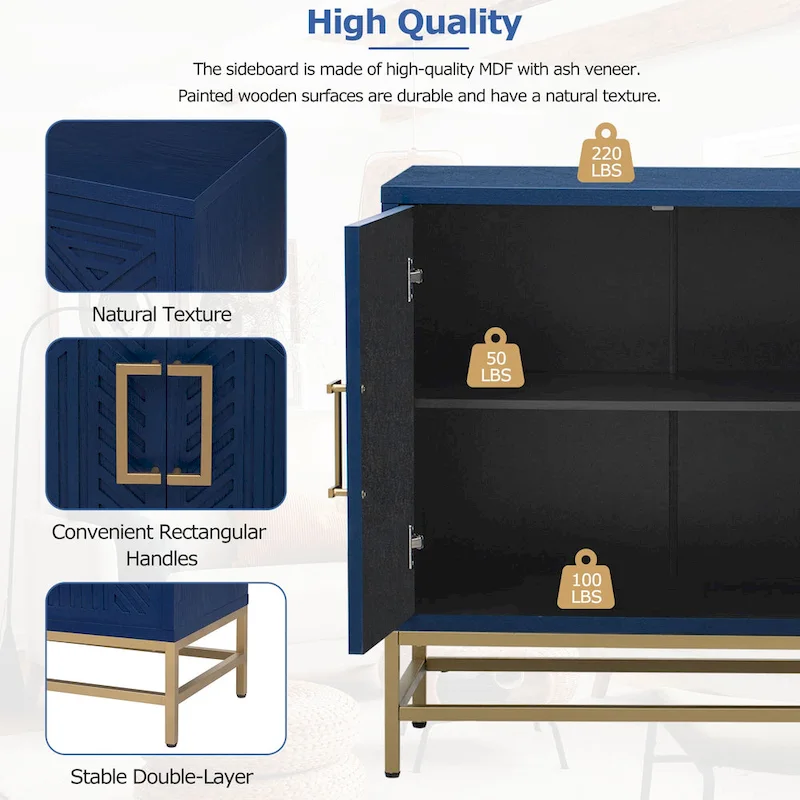 Retro Style Sideboard with Adjustable Shelves, Rectangular Metal Handles and Legs