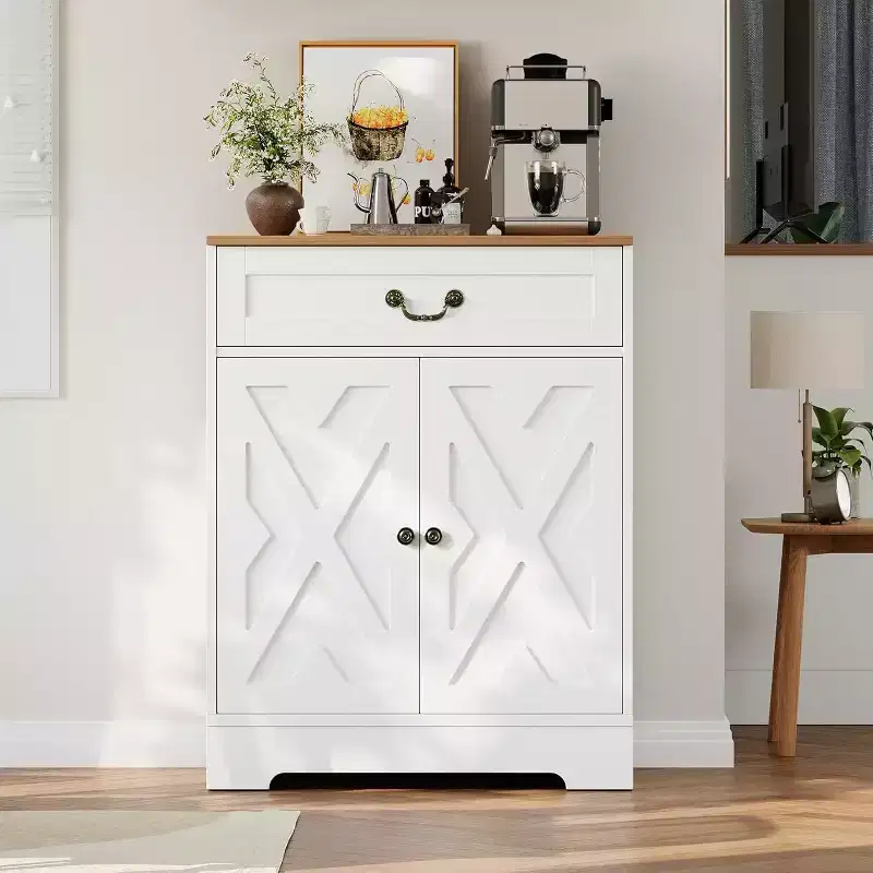 CuisinSmart Farmhouse Coffee Bar Cabinet with 2 Doors & Drawer, Adjustable Shelf Kitchen Storage Buffet Sideboard, 150LB Capacity, for Dining Room