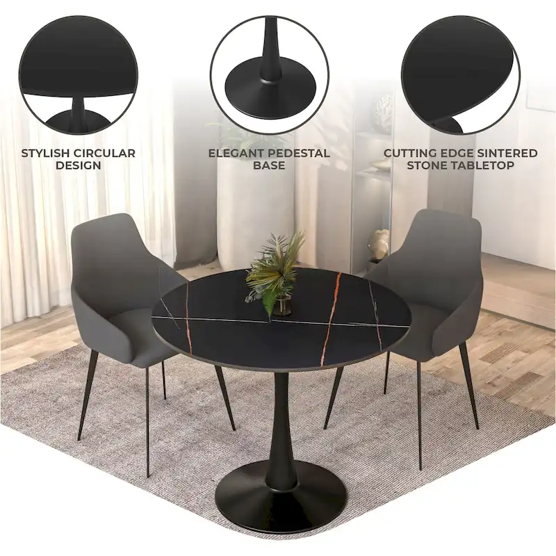 35in Round Dining Table with Sintered Stone Tabletop, Black Steel Pedestal Base, Scratch-Resistant