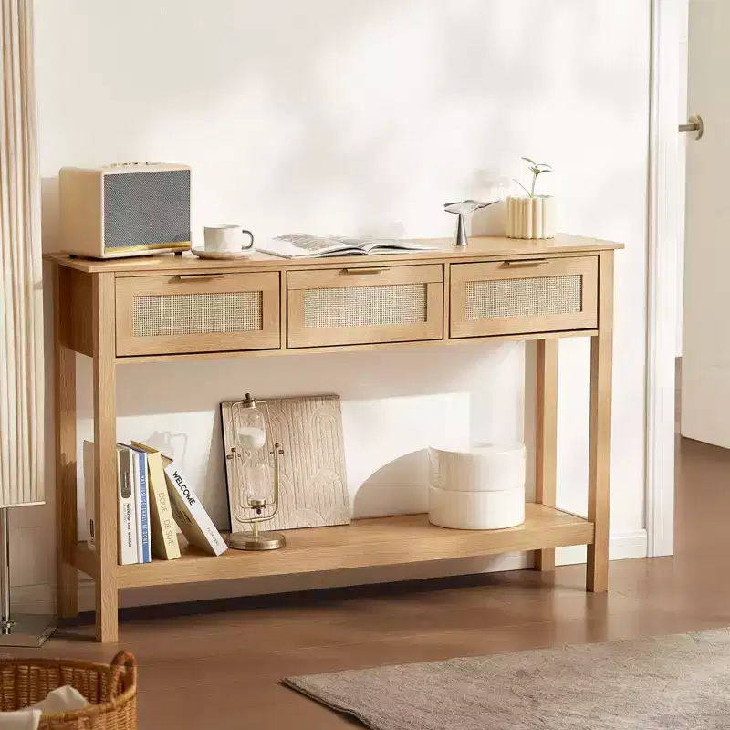 Rattan Console Table with 3 Drawers and Bottom Shelf Narrow Entryway Sofa Table 51.38 in Beige