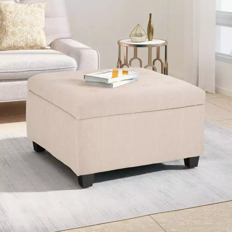 Okak Exquisite Square Storage Ottoman Bench, Coffee Table, Button-Tufted Upholstered Foot Rest for Couch Living Room Bedroom Entrance
