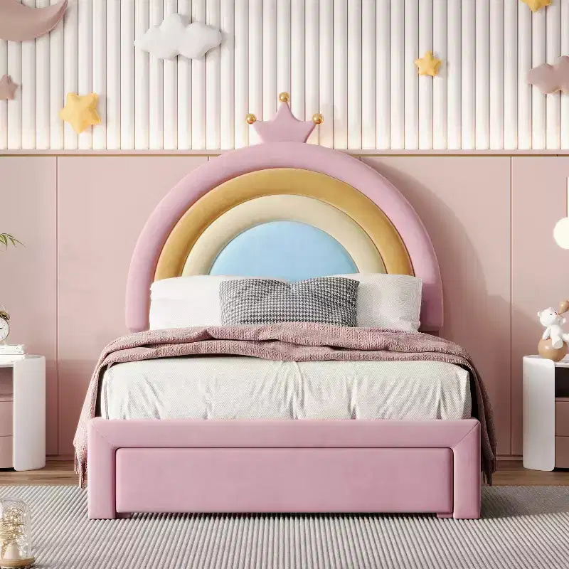 Bellemave Upholstered Princess Platform Bed Frame with Storage Drawers, Rabbit Headboard & LED Lights, Pink, Twin/Full Size Girls Bed