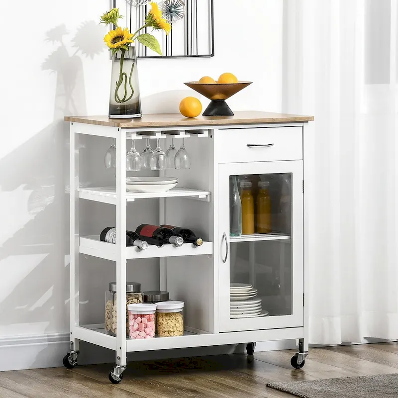 Rolling Kitchen Island with Storage, Wine Rack, Shelves, Drawer, and Cabinet