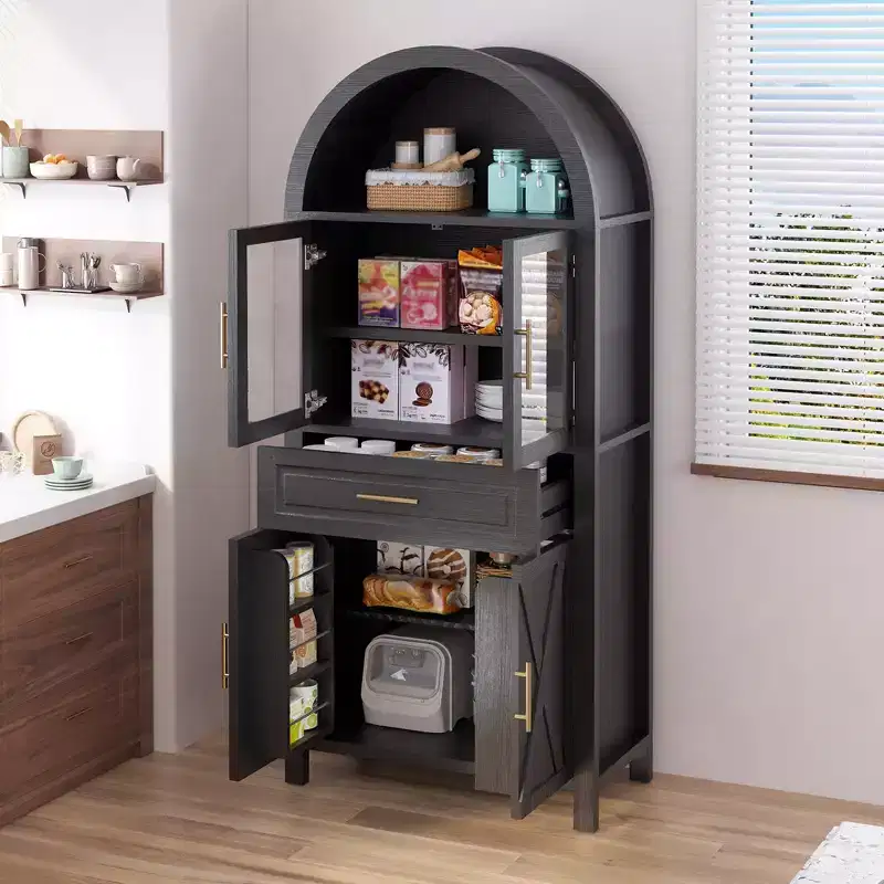 71 Arched Kitchen Storage Cabinet with Glass Door, Farmhouse Style, Adjustable Shelves, Barn Door Design, for Kitchen, Living Room, Dining Room