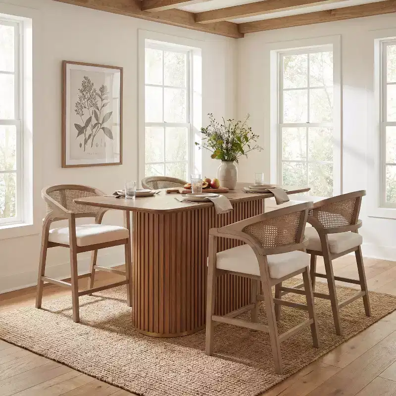 Christopher Knight Home Mirae Mid-Century Modern 5 Piece Rubberwood Rattan Counter Stools with Fluted Counter Table