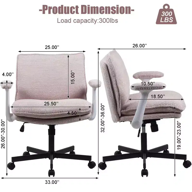 Criss-Cross Desk Chair: Wide Seat, Flip Arms & Wheels | Upholstered Vanity/Home Office Swivel