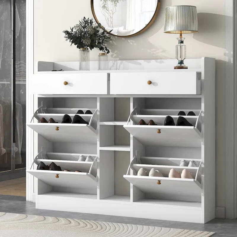 2-Tier Shoe Rack Cabinet with 4 Flip Drawers, White Free Standing Storage Organizer