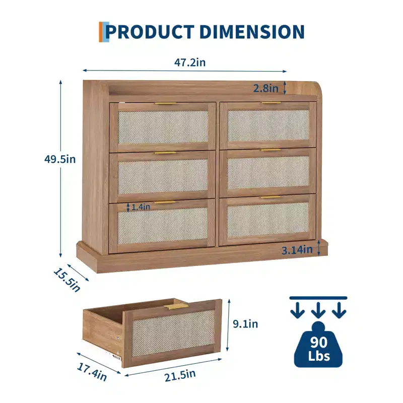 Brown Rattan 6-Drawer Dresser, Farmhouse Style, Single-Person Use