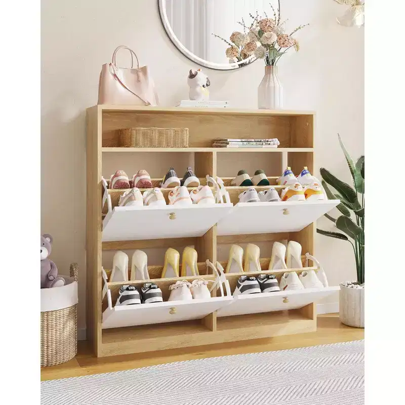 Shoe Storage Cabinet with 4 Flip Drawers, Freestanding Concealed Shoe Rack with Open Shelf, for Hallway, Living Room, Apartments