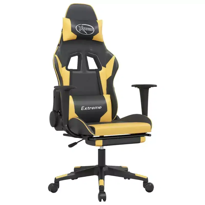vidaXL Black & Gold Faux Leather Massage Gaming Chair with Footrest, Adjustable Backrest and Swivel Design, Sturdy and Stylish Comfort for Gamers