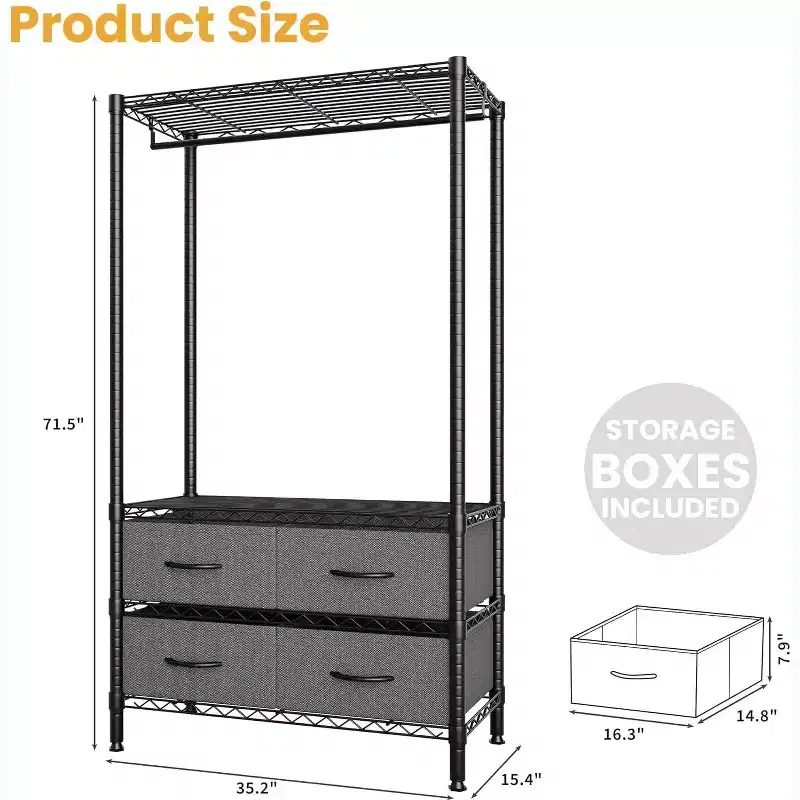 Heavy-Duty Garment Rack with 4 Drawers & Hanging Rod, Freestanding Closet Organizer with Adjustable Shelves for Bedroom, Dorm, or Entryway