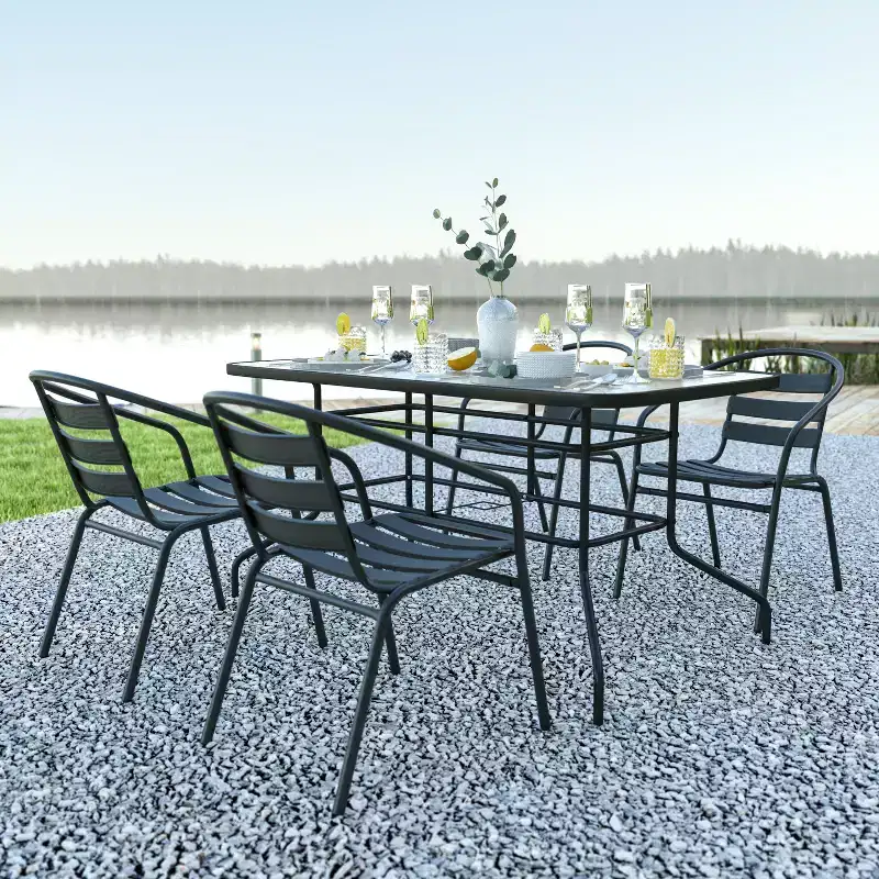 Emma and Oliver 5 Piece Patio Table & Chairs Set with 31.5x55 Rectangular Metal Table with Tempered Glass Top and 4 Black Aluminum Stacking Chairs
