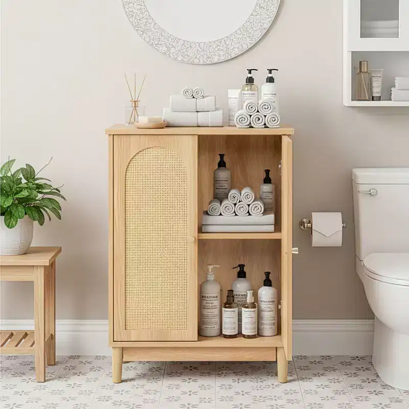 Original Wooden Bathroom Cabinet with Rattan Surface and Double Doors