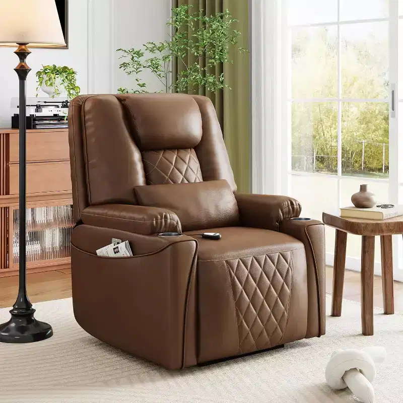 Garvee Power Lift Recliner Chair, PU Leather Sofa with Charging Ports, Cup Holders, Electric Stand Assist, Remote Control, Brown